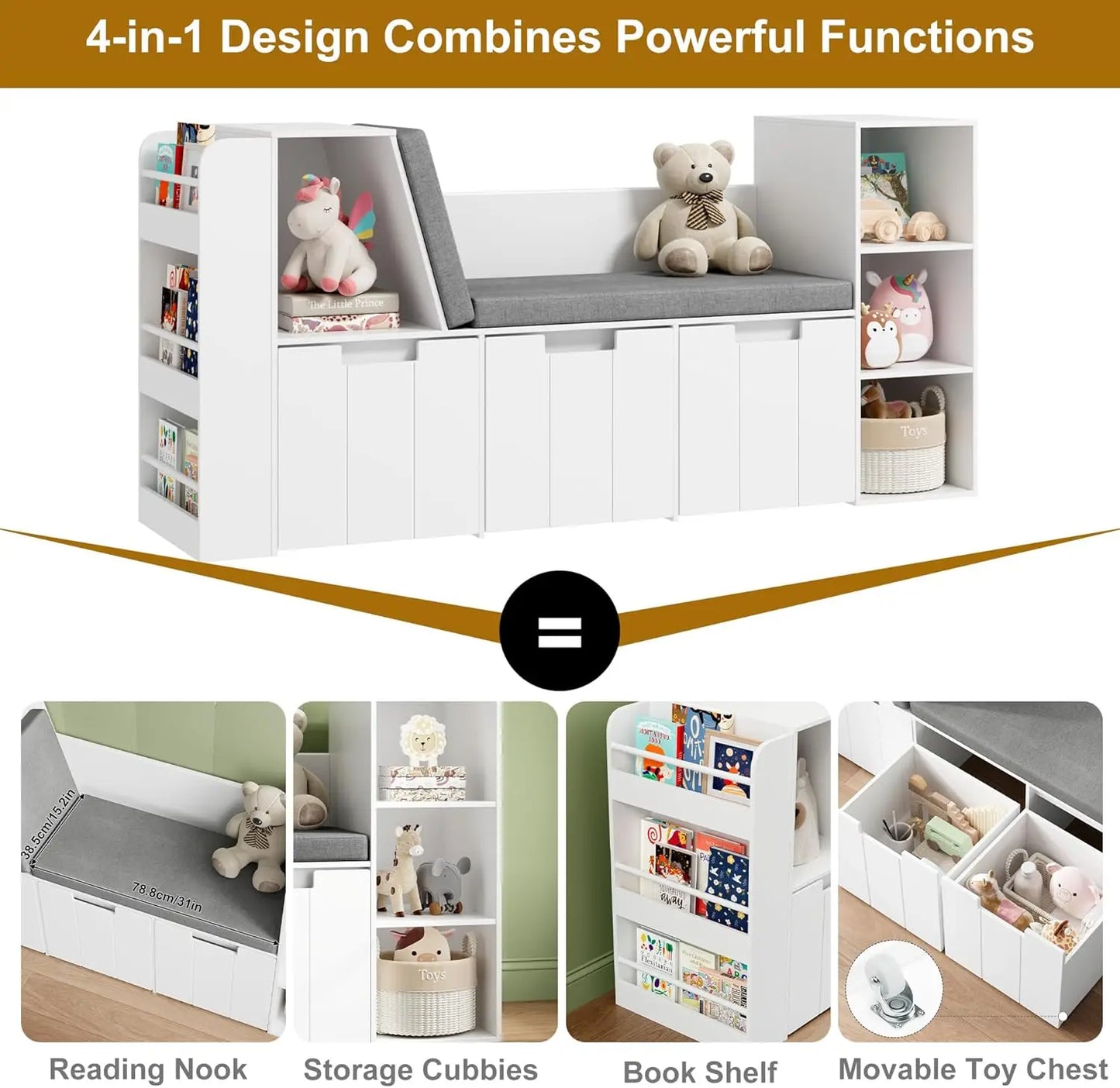 Reading Nook with Double Bench and Rolling Drawers