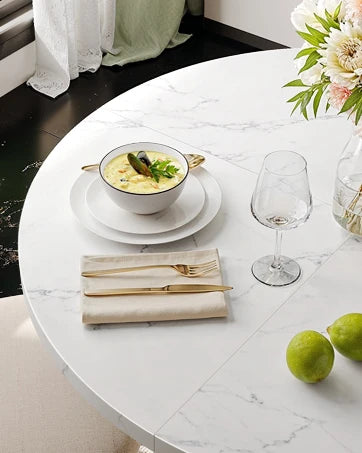 Wooden Round Marble Pattern Table with Gold Base
