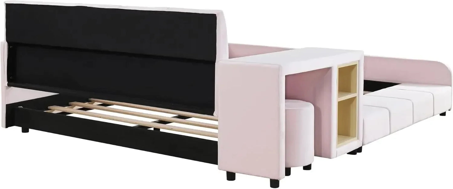Velvet Upholstered Grounded Bed Platform Bed with Bedside Desk and Little Round Stool