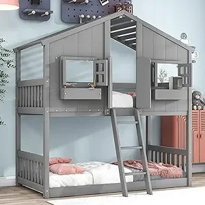 Floor House Bunk Bed with Low Bunker Bed Twin Over Twin