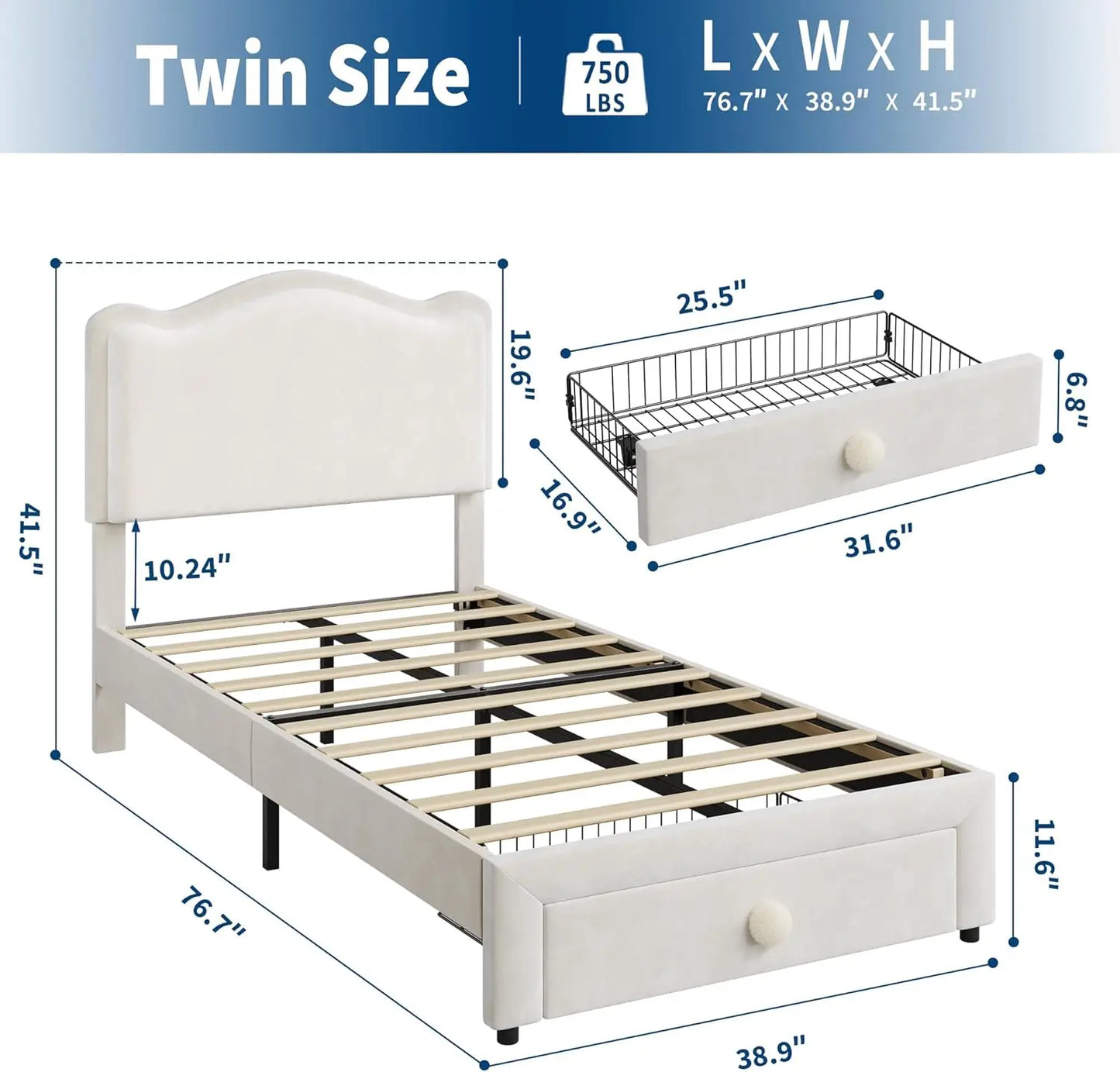 Upholstered Twin Bed Frame with Storage Drawer