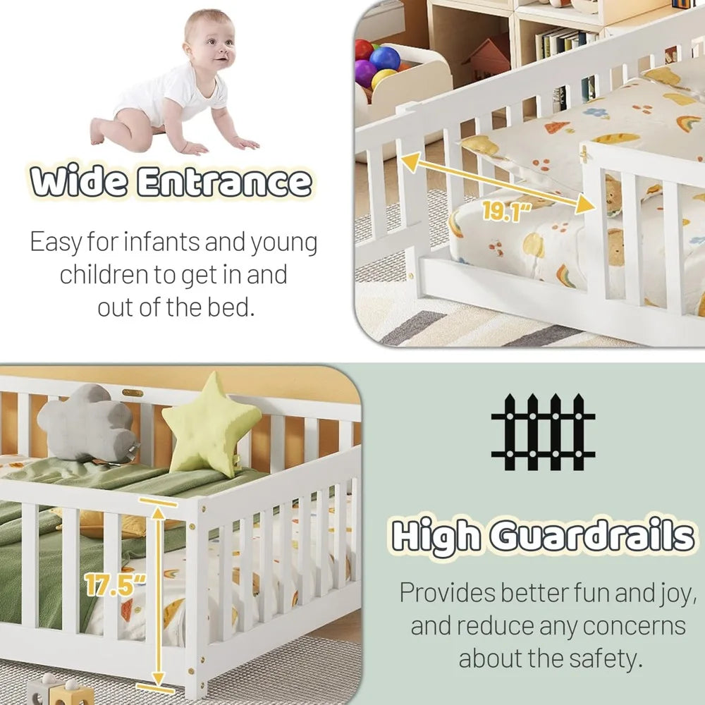 Queen Bed with Rubber Wood, Safety Rails, Slats, and Convertible Door