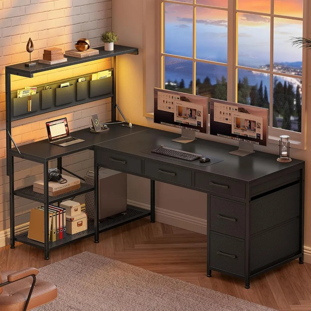 L Shaped Reversible Computer Desk with Bookshelf and Storage Shelves