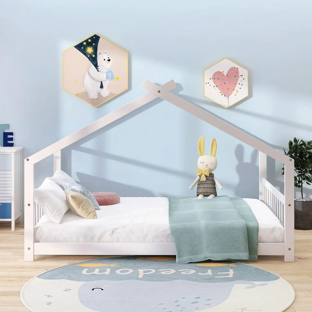 White Montessori Floor Bed with Headboard & Foot Board