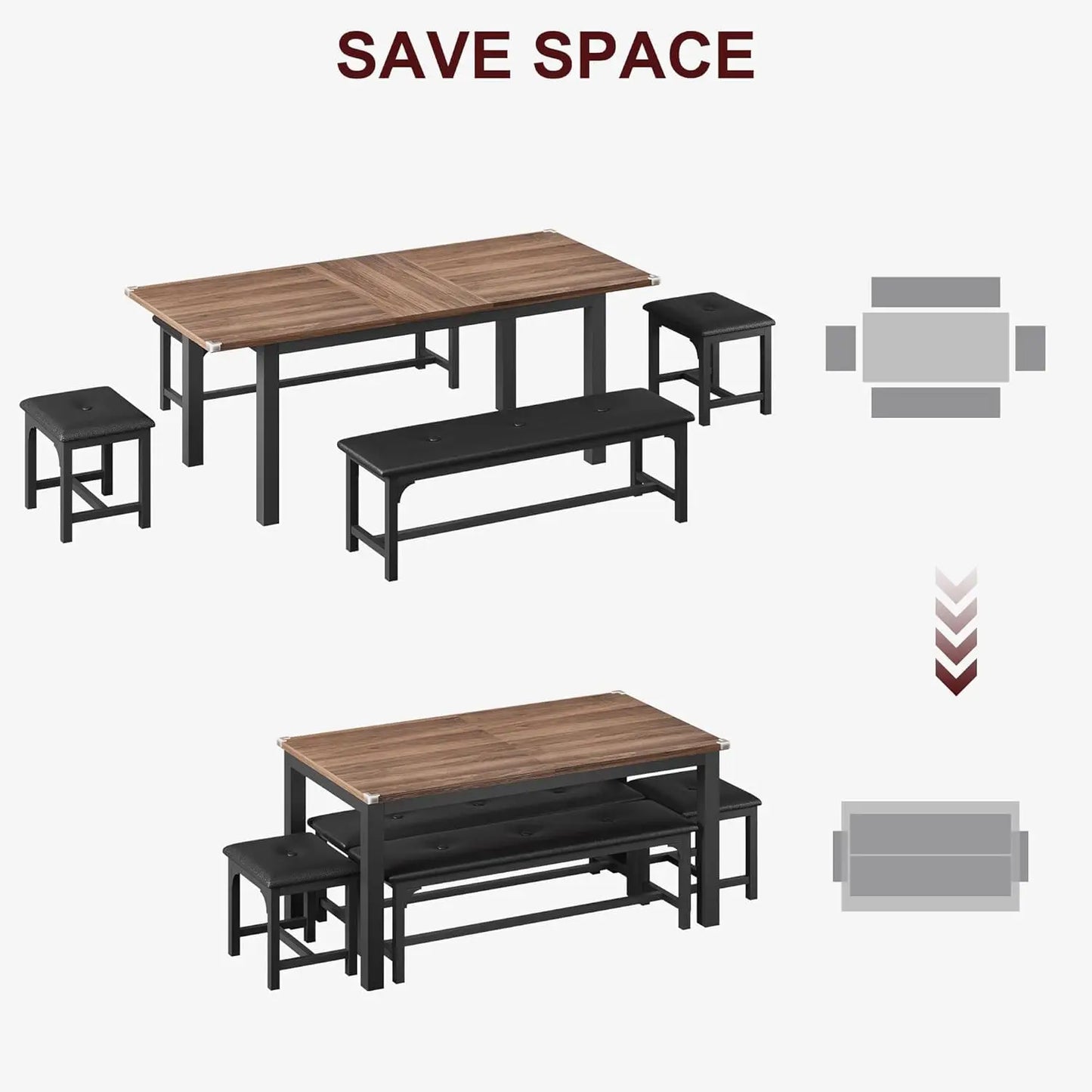 Extendable Dining Table with Upholstered Benches and Stools