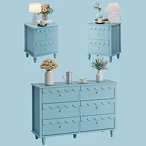 Bedroom Set - Two Drawers Nightstand & Scalloped 6 Drawer Dresser Combo