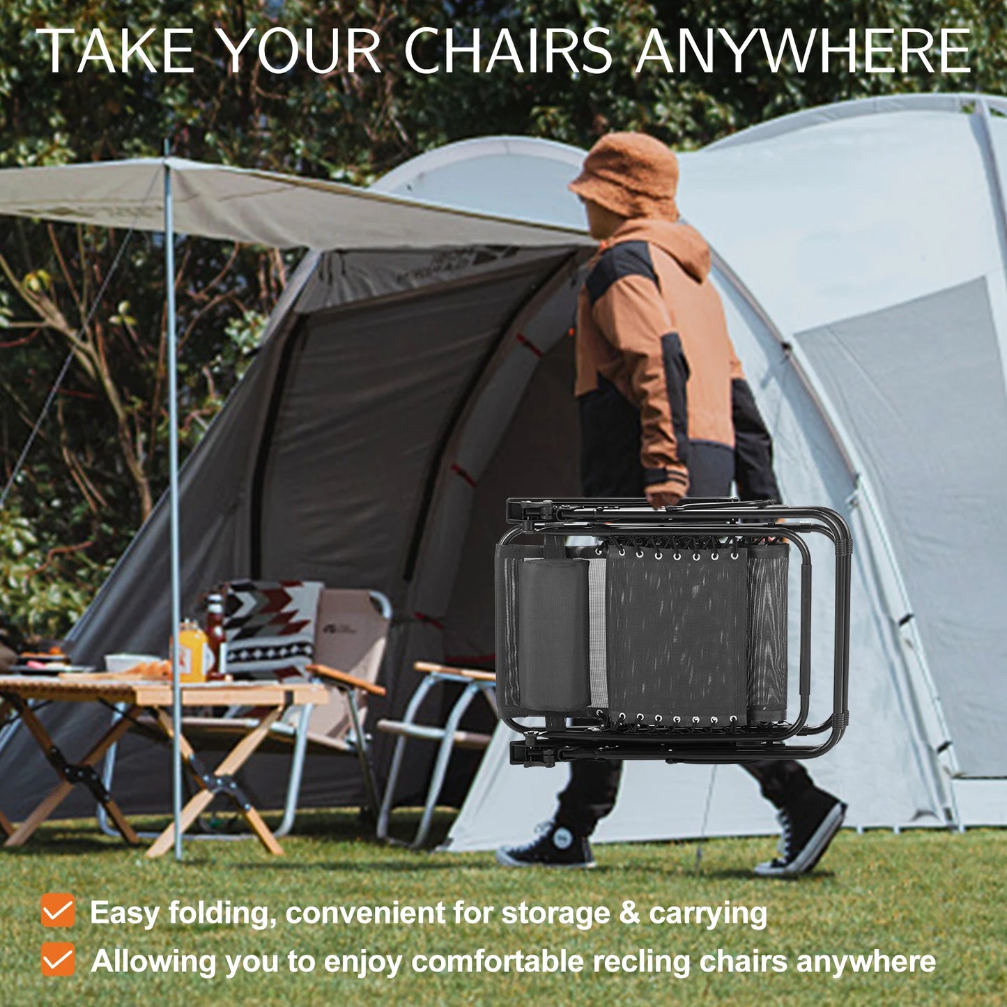 Zero Gravity Set with Cup Holder Trays and Adjustable Pillow