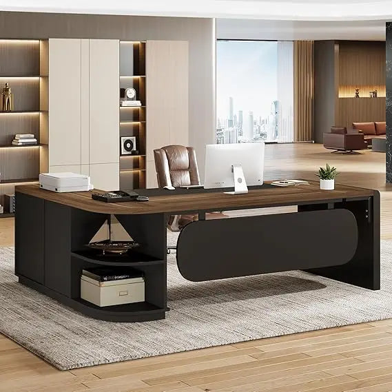 L-Shaped Executive Desk with Cabinet and Storage Shelves