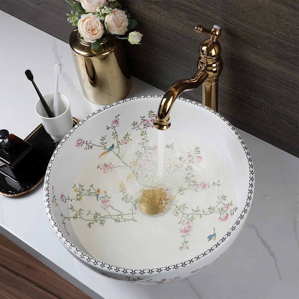 Ceramic Vessel Counter Top Flower Bird Pattern Bowl Sink