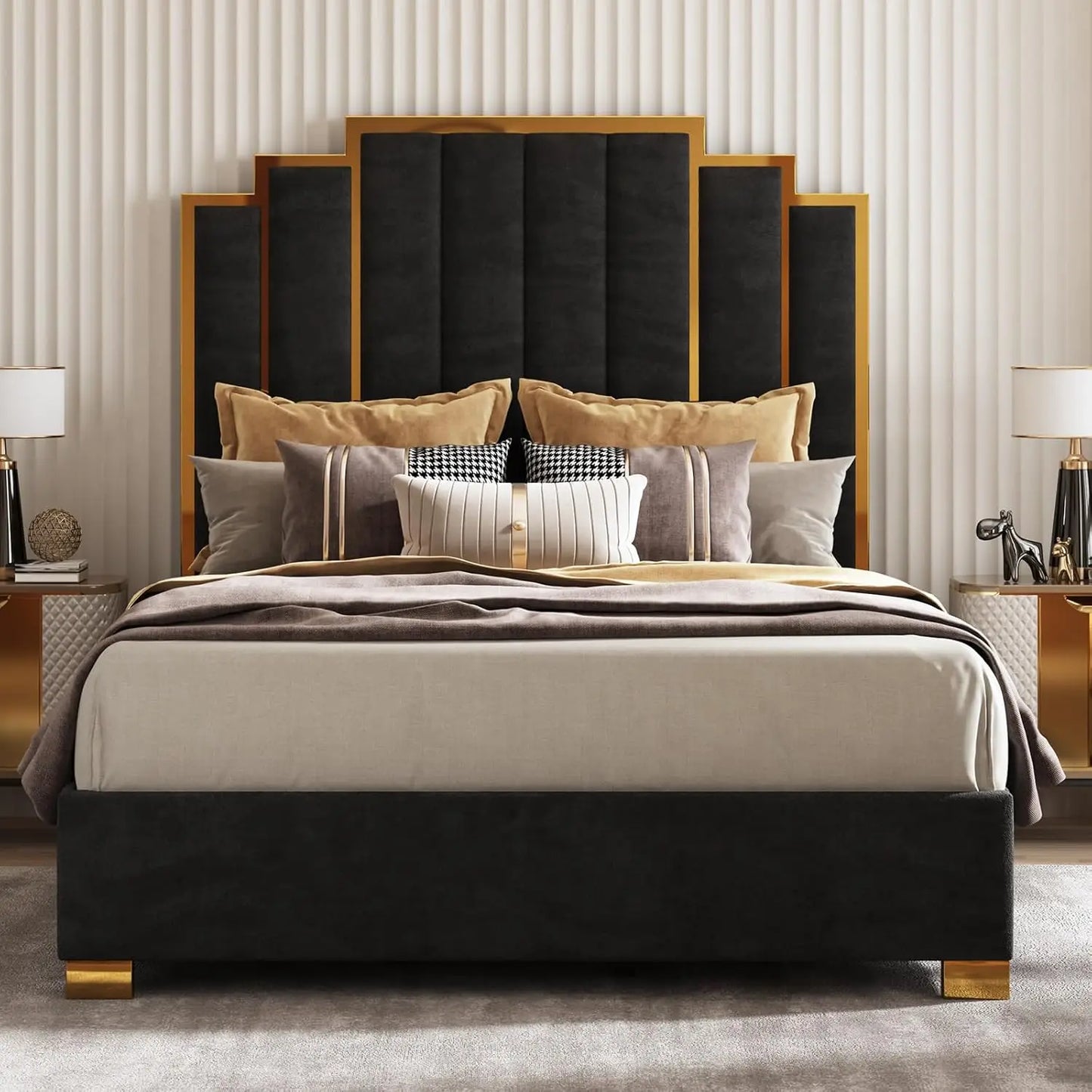 Upholstered Velvet Platform Bed with Gold Trim Headboard