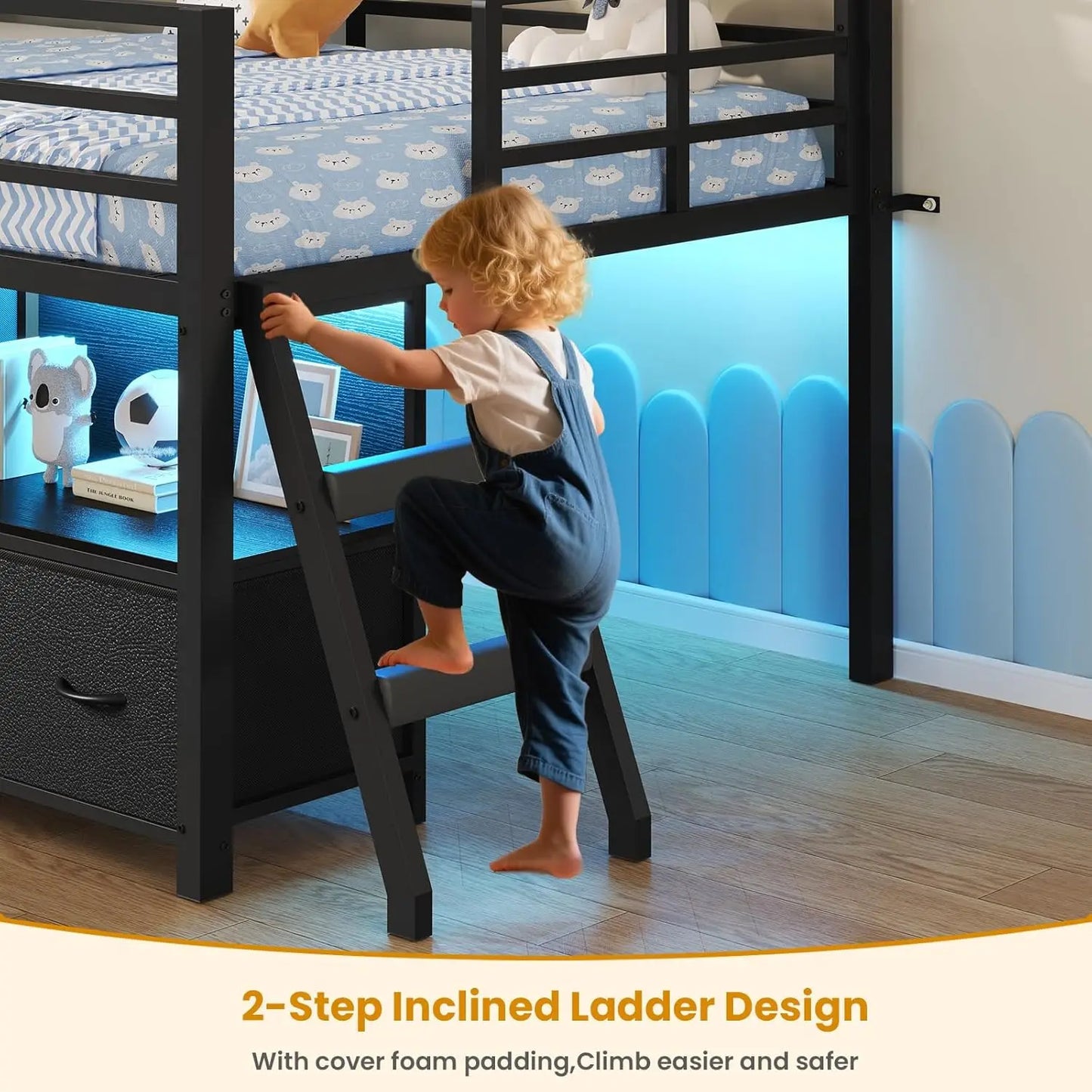 Metal Low Loft Bed Twin Size with Bookcase and LED Lights