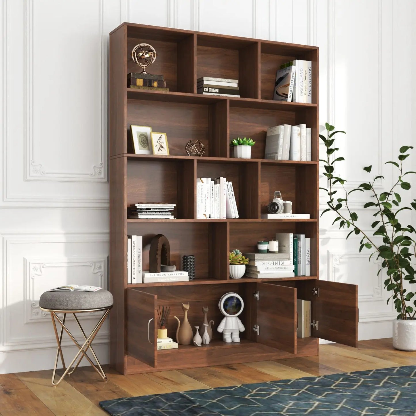 10-Cube 3-Door Modern Bookshelf Open Cabinet
