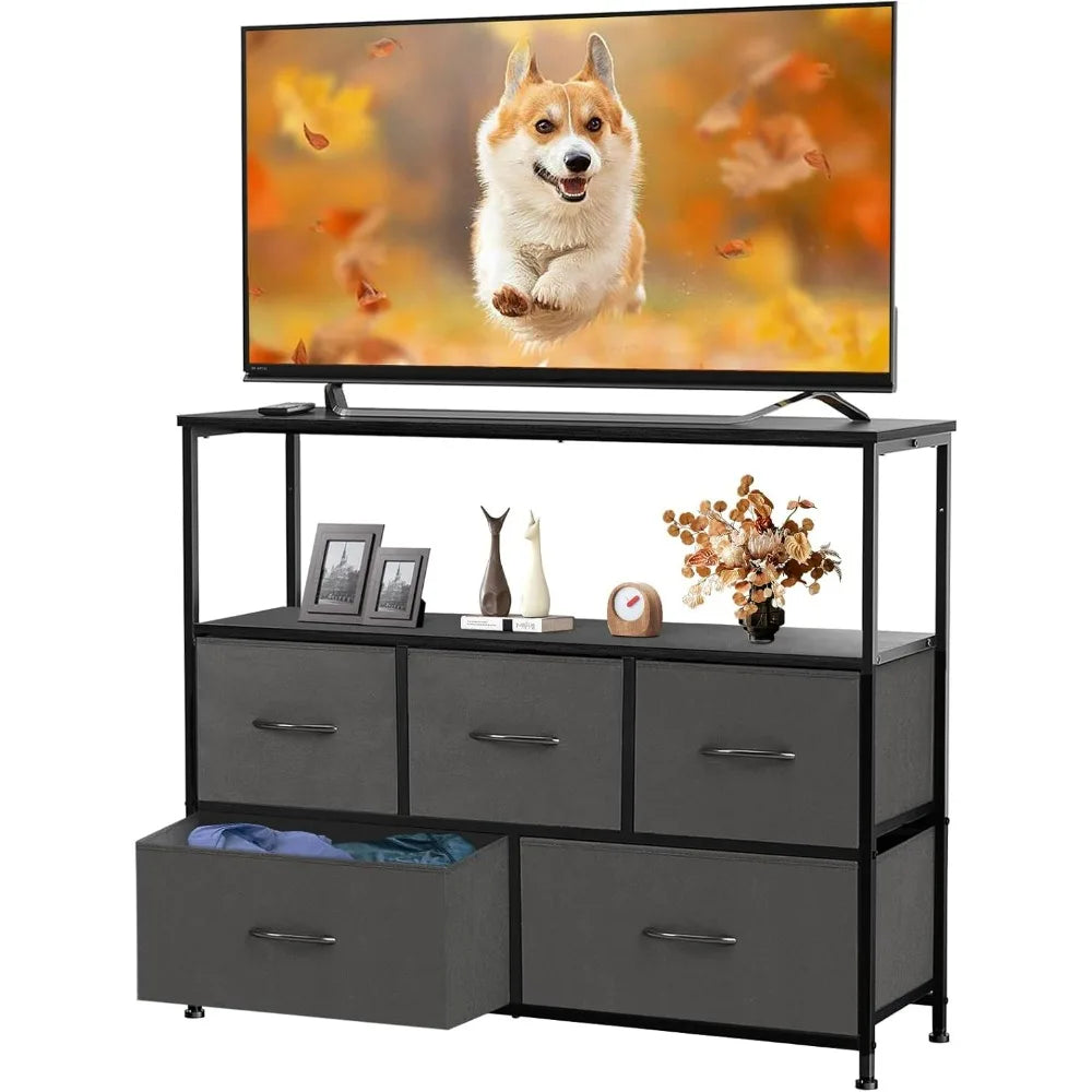 TV Stand Dresser with 5 Fabric Storage Drawers Media Console