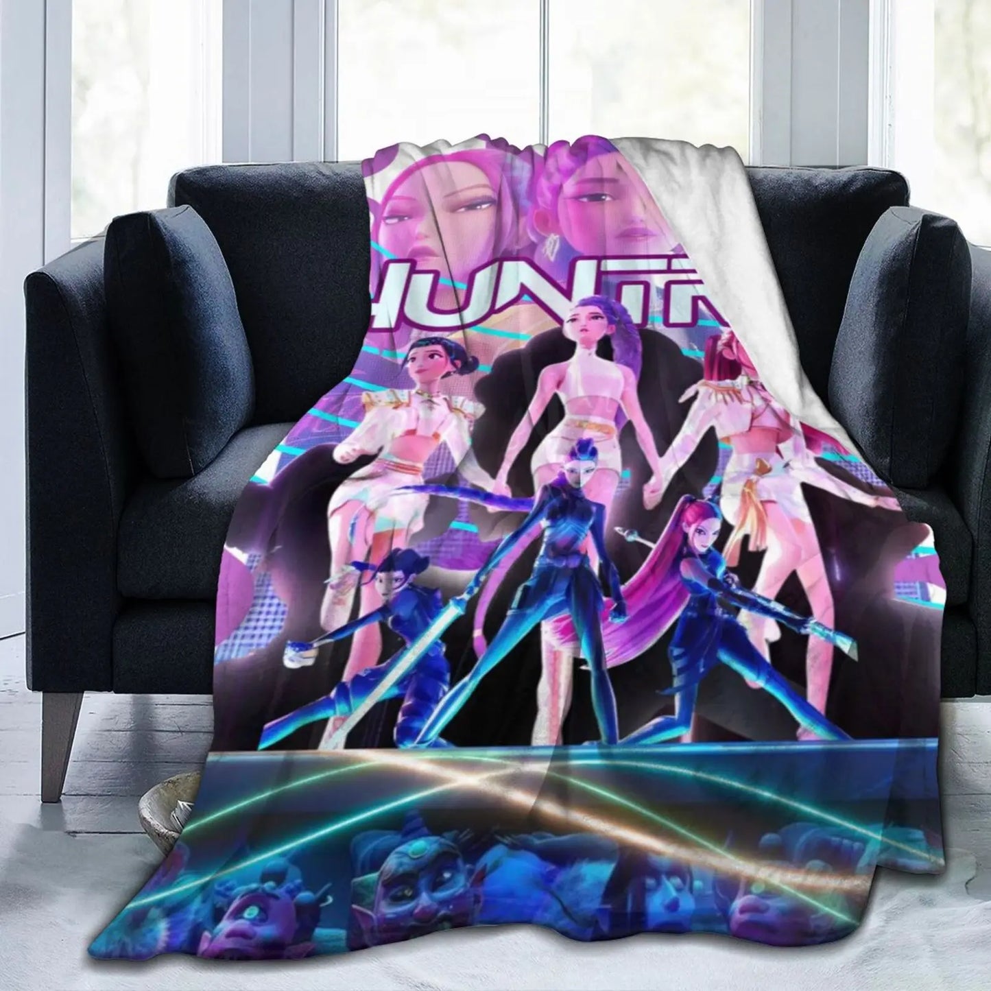 Huntrix Girls K-Pop Demon Hunter Anime-Inspired Flannel Throw Blanket