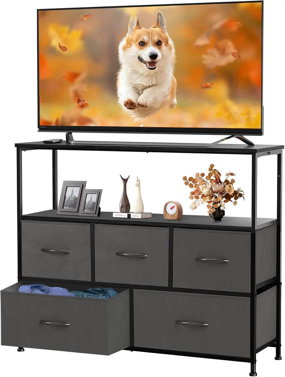 TV Stand Dresser with 5 Fabric Storage Drawers Media Console