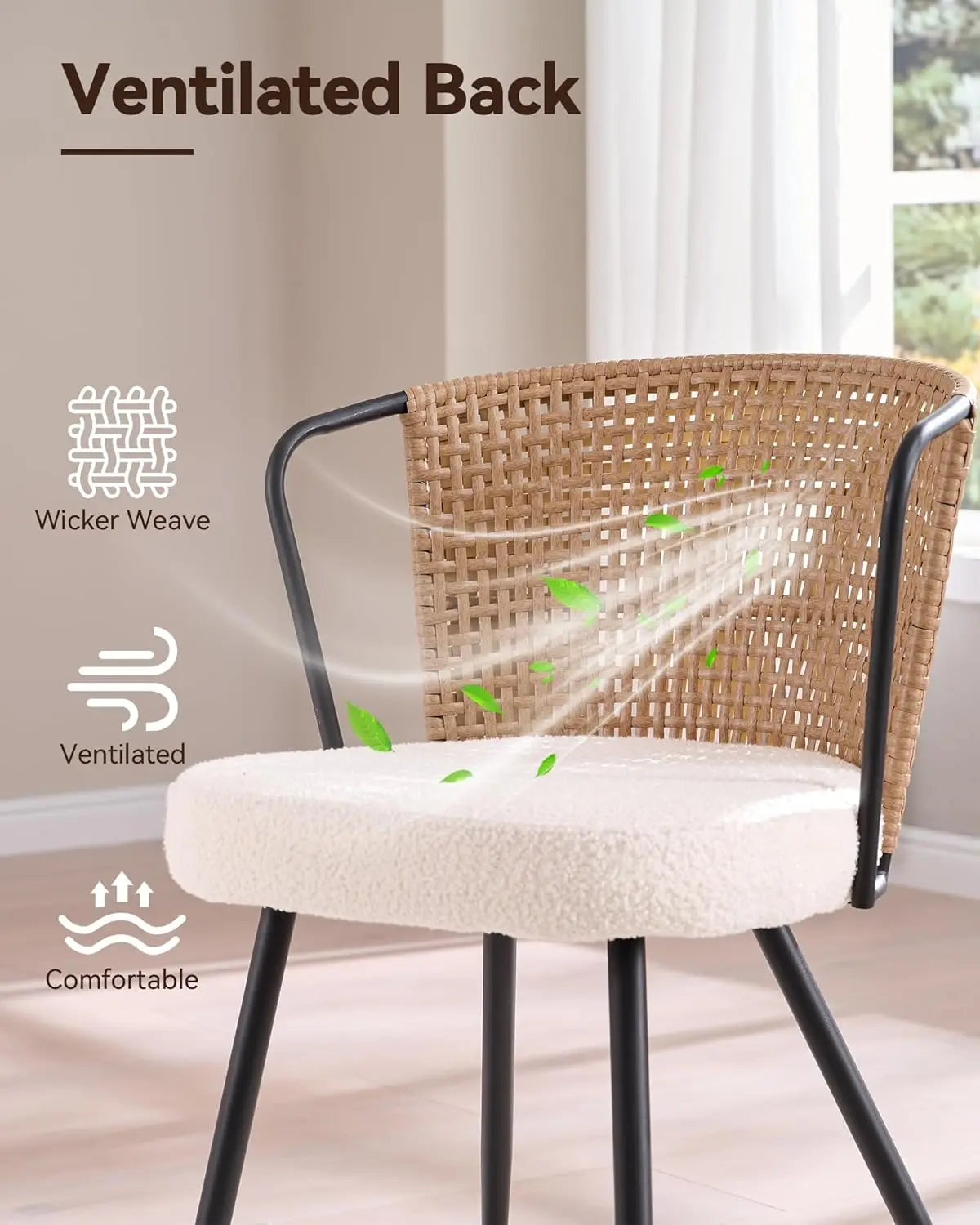 Rattan Dining Chairs with Boucle Cushion and Metal Legs