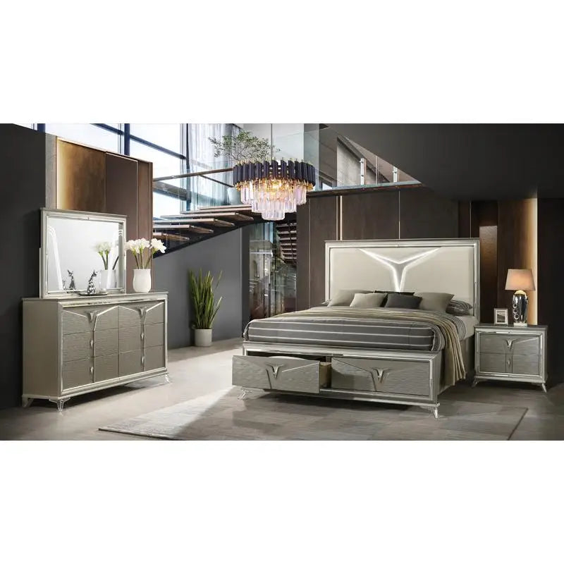 Modern Bedroom Set with LED Headboard & Wooden Frame
