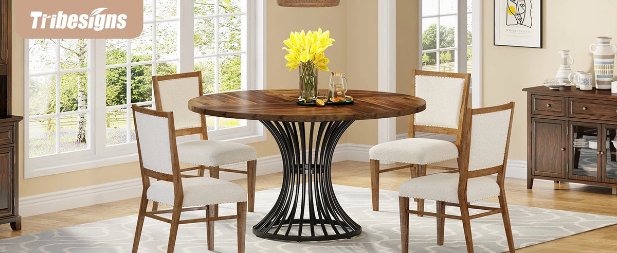 Round Dining Table with Sturdy Metal Base