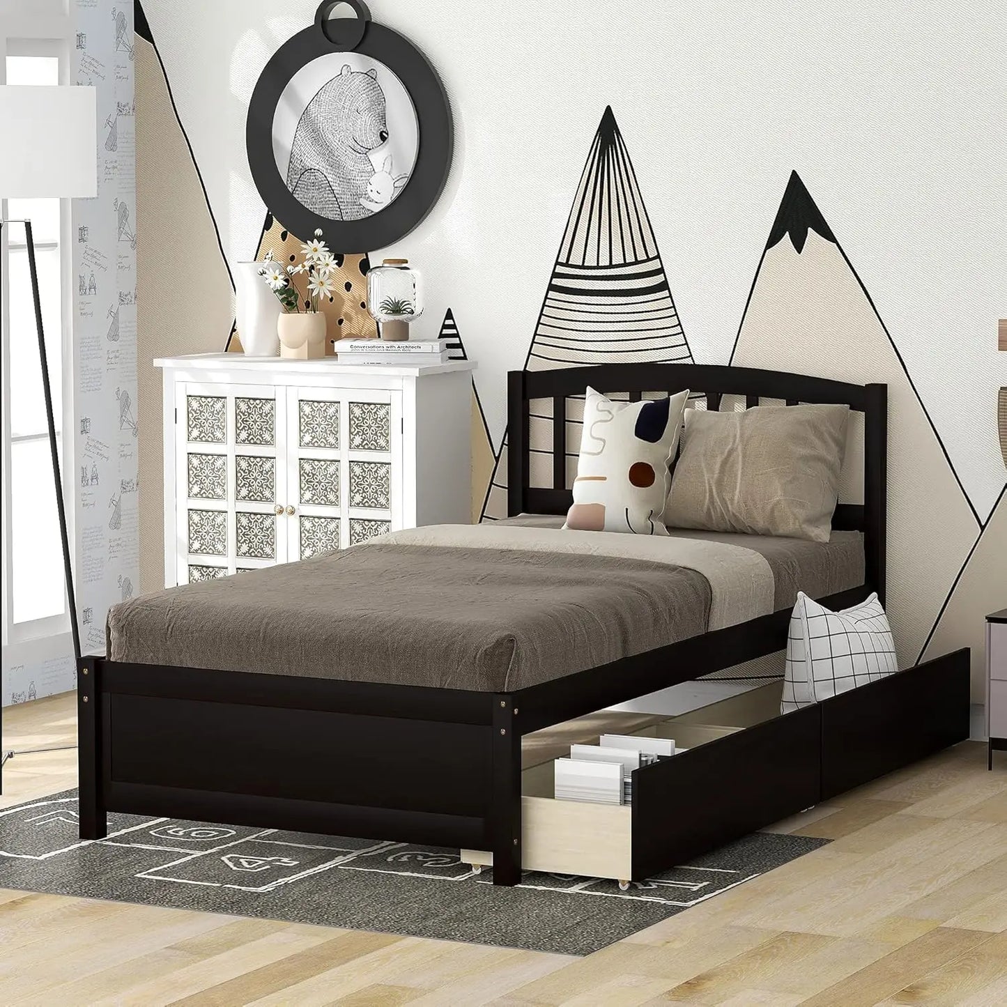 Storage Bed with Bookcase Headboard Platform Bed