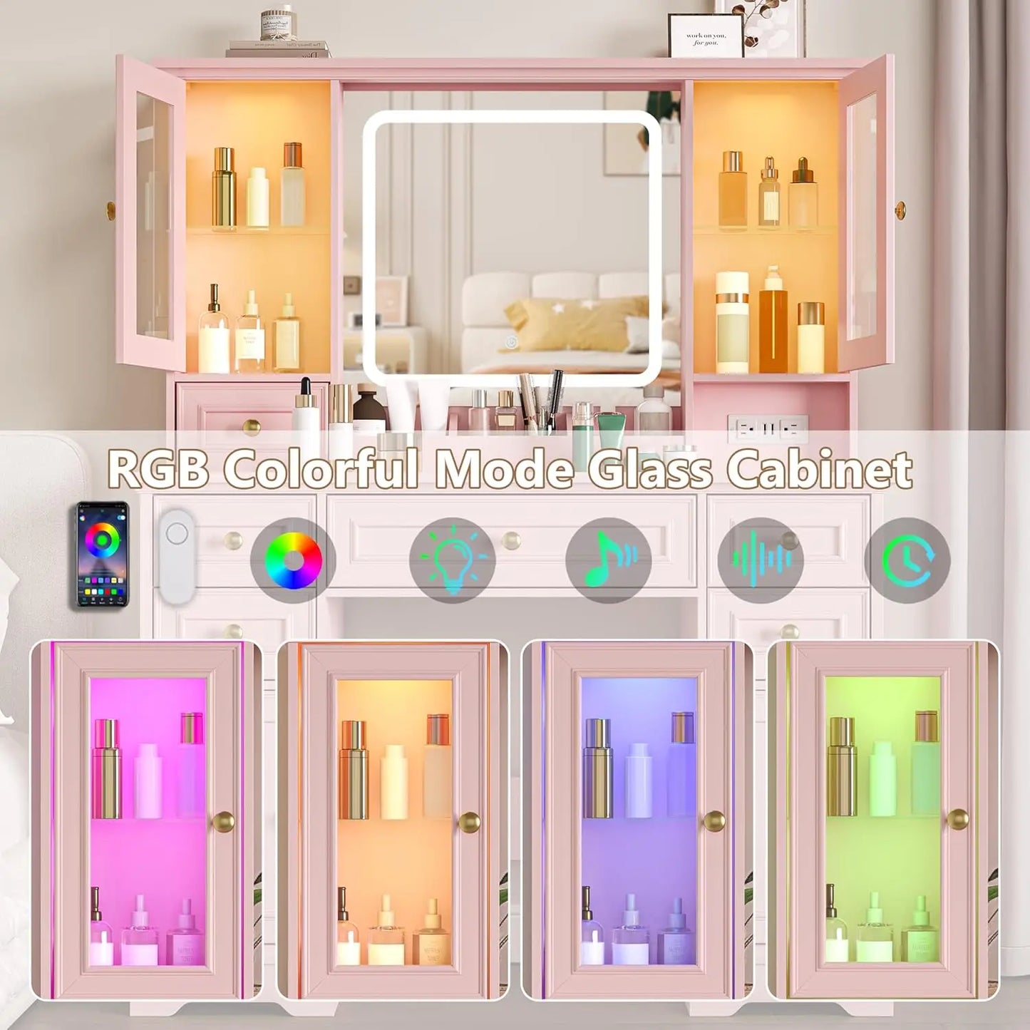 Vanity Desk with Mirror Lights RGB Cabinet Charging Station