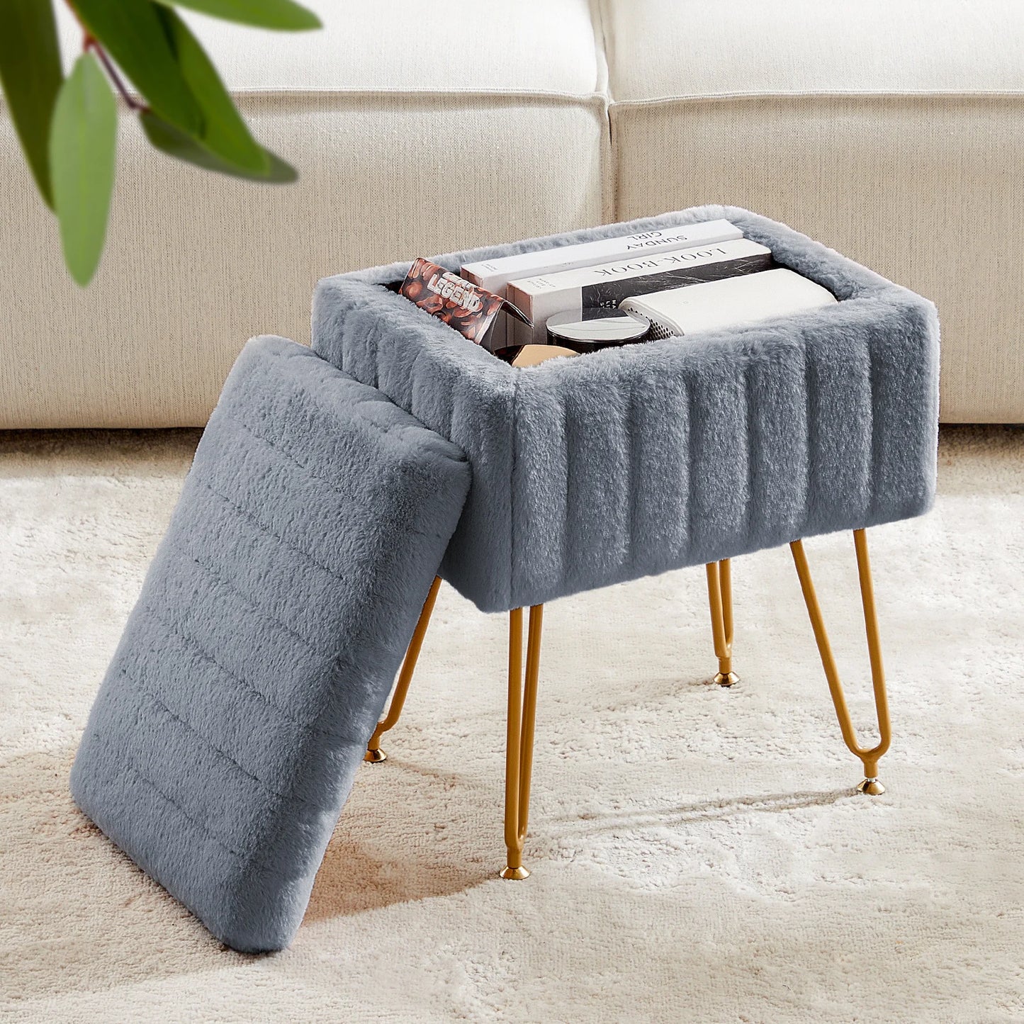 Faux Fur Stools & Ottomans Padded Makeup with 4 Metal Legs