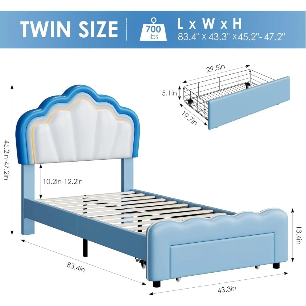 Twin Upholstered LED Bed Frame with Storage Drawers with Adjustable Lotus Headboard