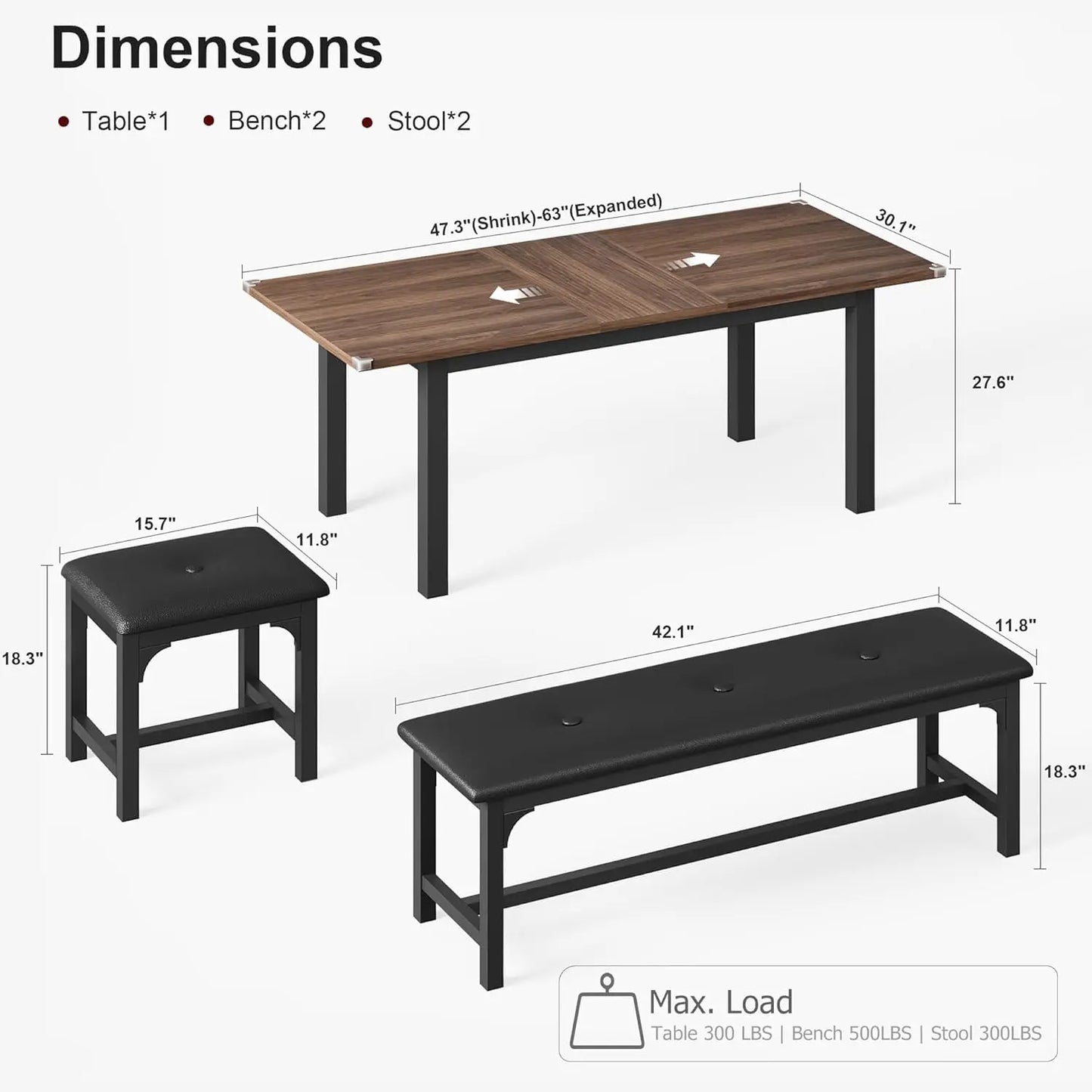 Extendable Dining Table with Upholstered Benches and Stools