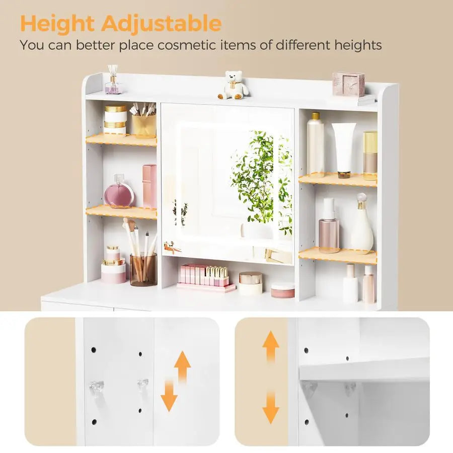 Vanity Desk with Mirror Lights, Power Outlet and Jewelry Storage