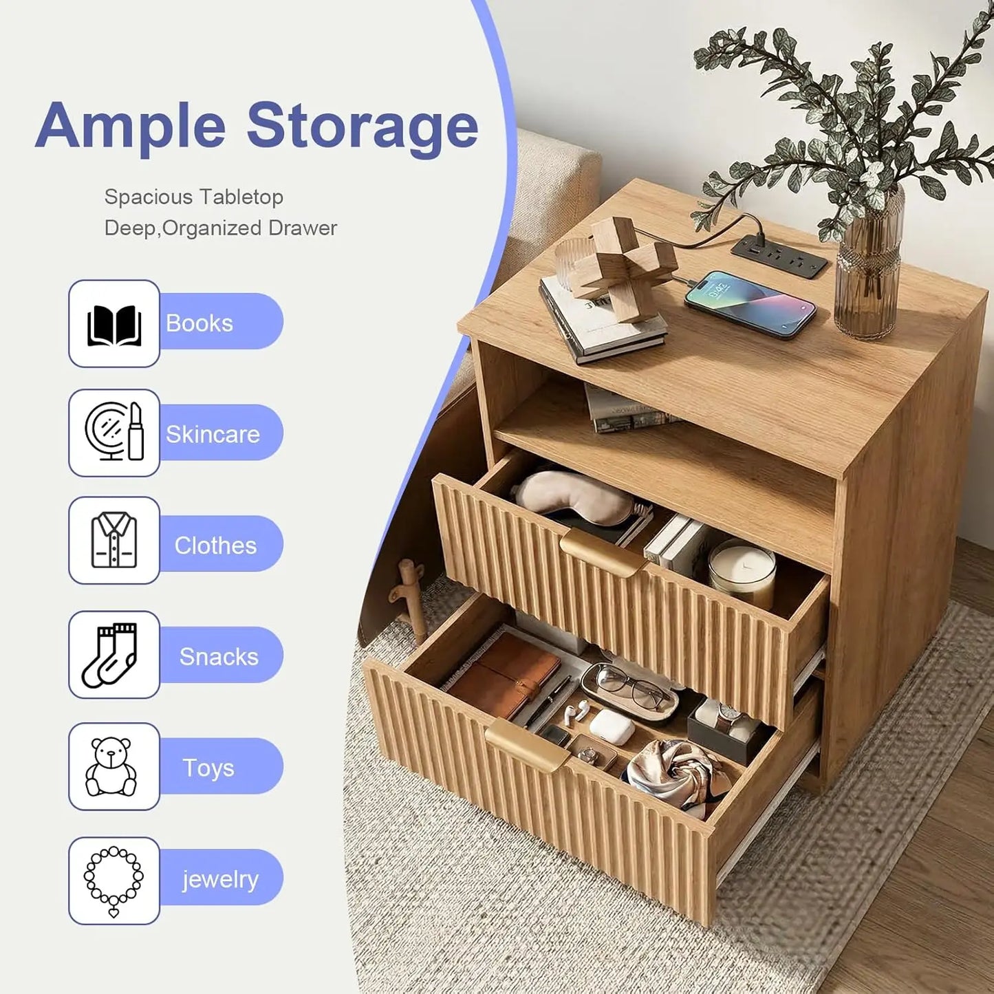 Fluted Nightstand with Charging Station