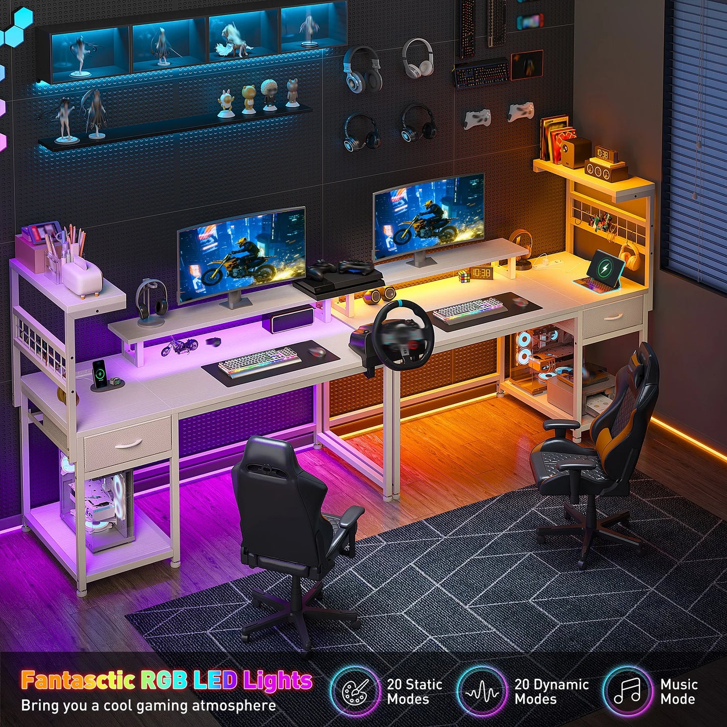 Computer Desk with Power Outlets RGB LED Lights