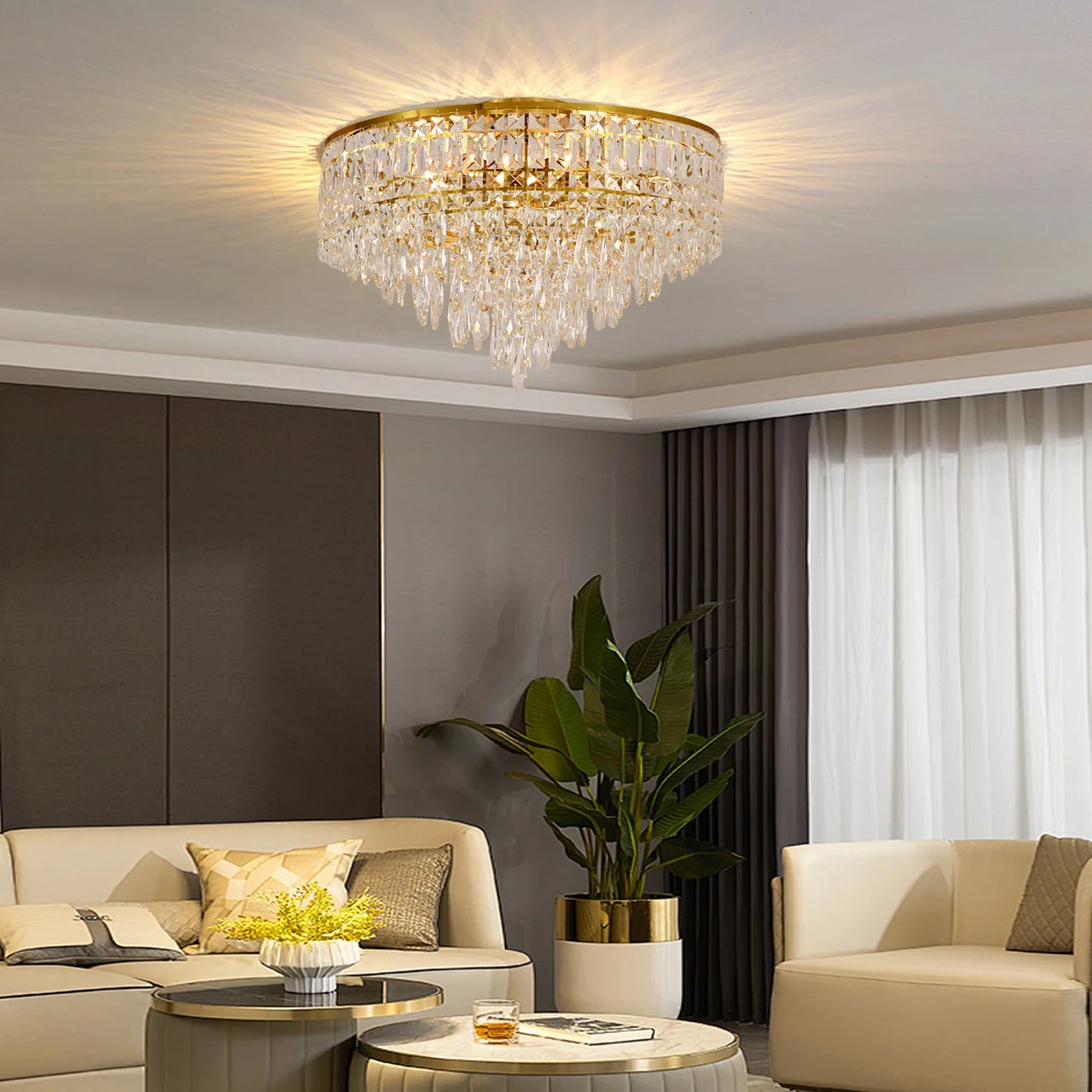 Luxury Gold Crystal Flush Mount Teardrop Crystal Chandelier