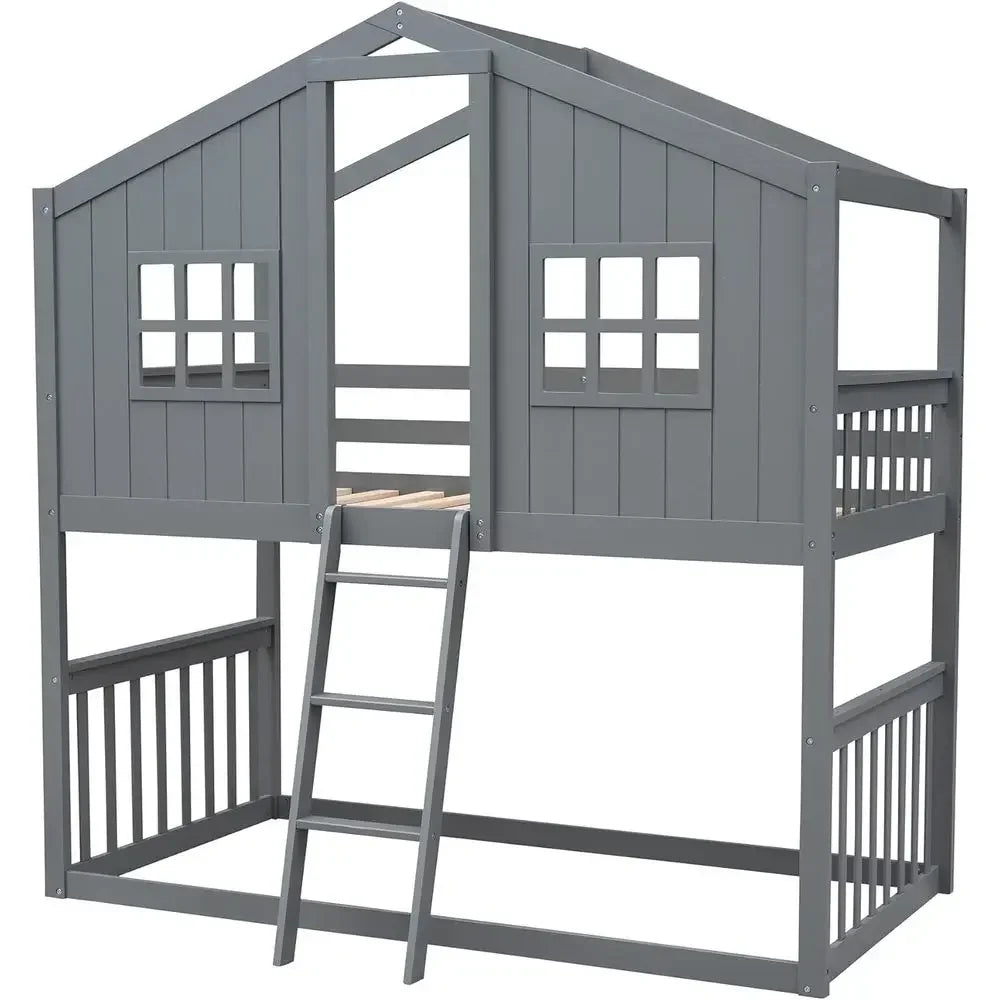 Twin Over Twin Bunk Bed with Ladder, Storage, and Windows