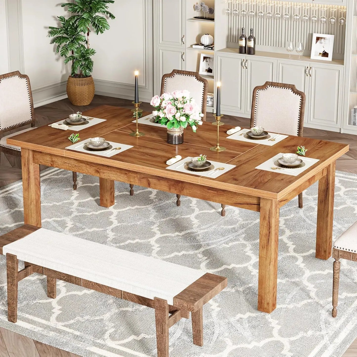 Heavy Duty Large Rectangular Farmhouse Dining Table with Solid Legs
