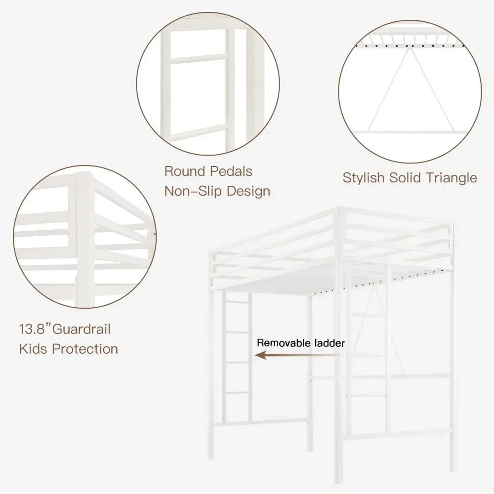 Twin Size Metal Loft Bed with Safety Guardrail And Ladder Space Saving