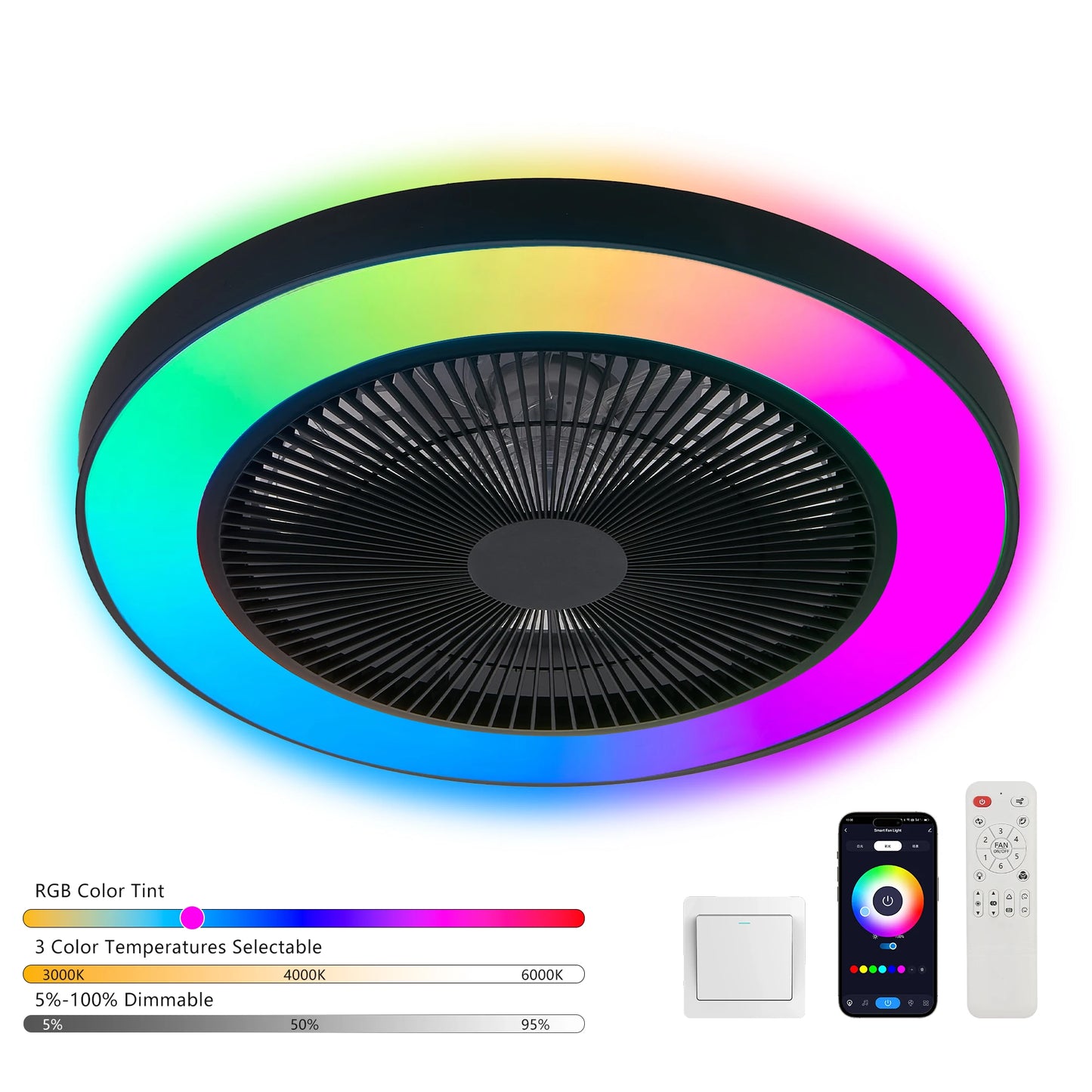 LED Ceiling Fan Light Smart RGB Lights with Remote