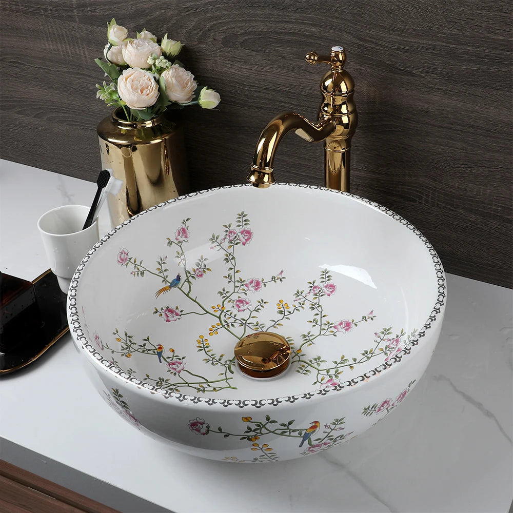 Ceramic Vessel Counter Top Flower Bird Pattern Bowl Sinks for Bathrooms