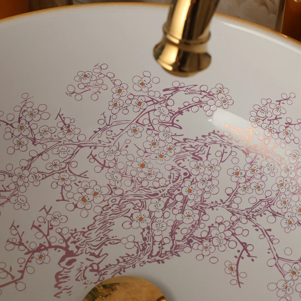 Ceramic Vessel Counter Top Flower Bird Pattern Bowl Sinks for Bathrooms