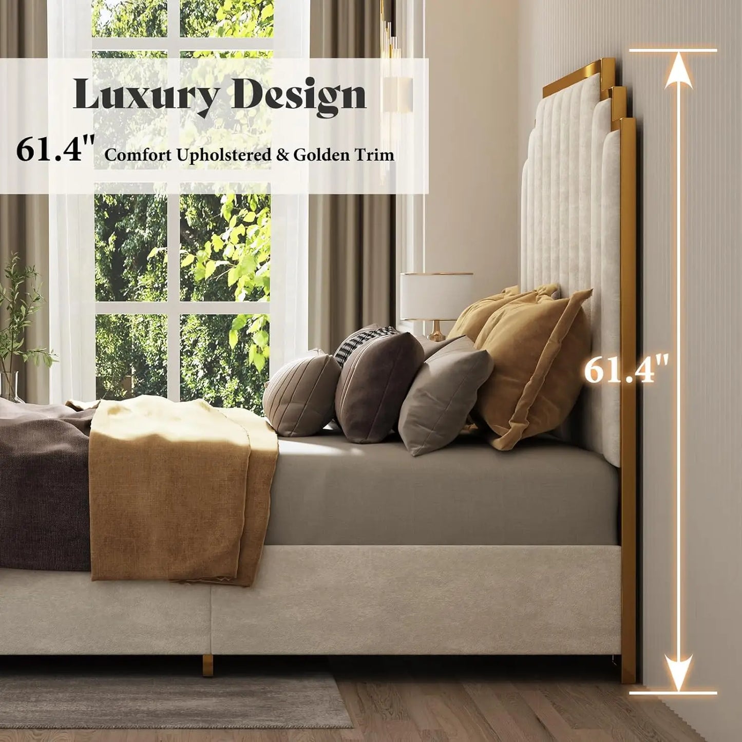Upholstered Velvet Platform Bed with Gold Trim Headboard