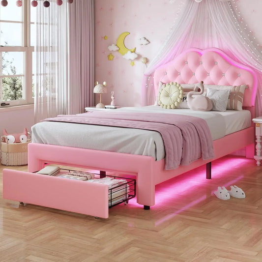 Twin Size Girl Bed with Storage Drawer & LED Lights