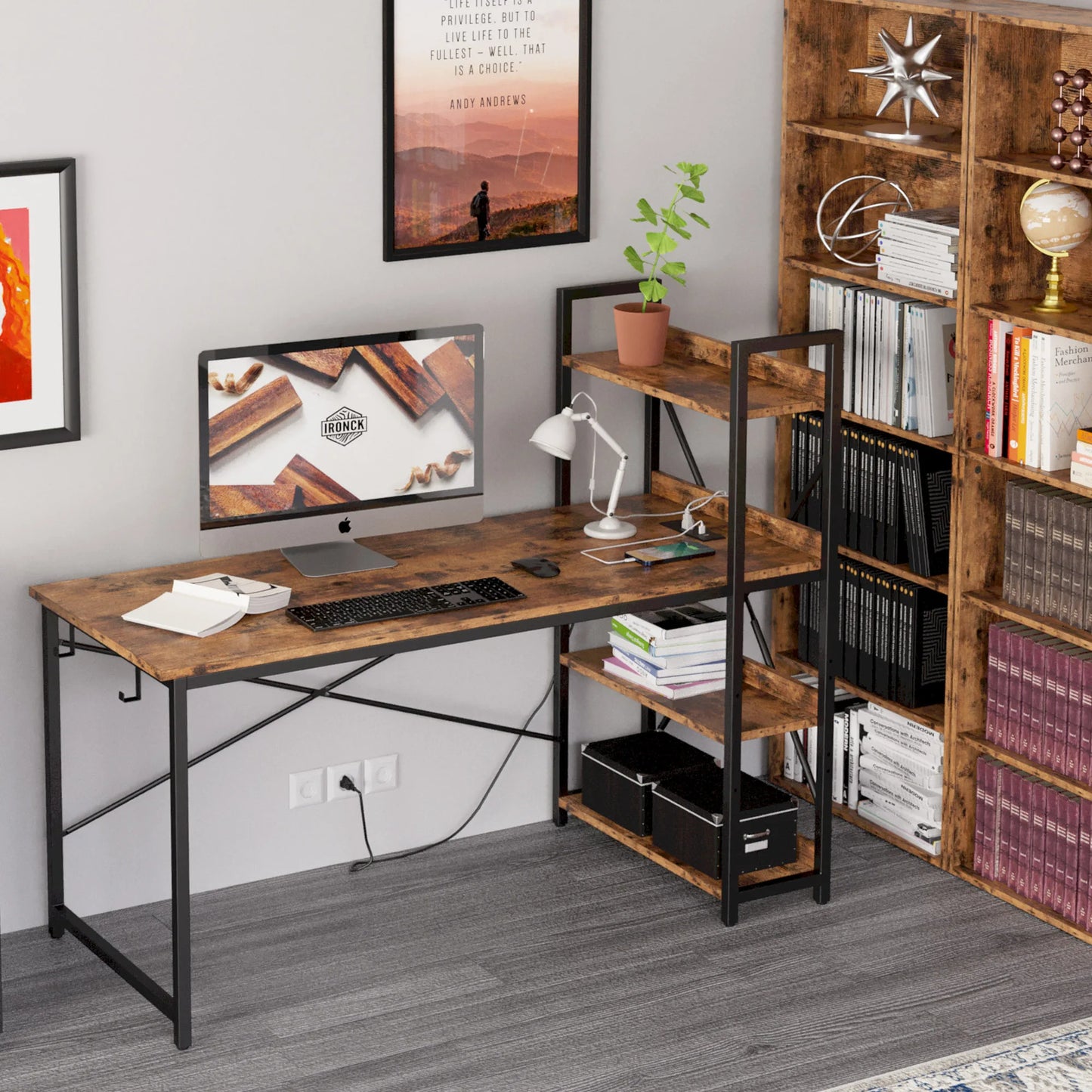 Computer Desk with Power Outlet with Storage Shelves and USB Ports Charging Station