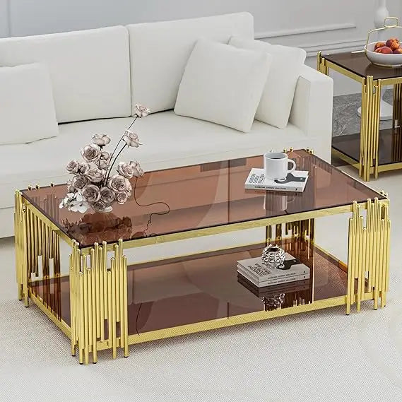 Modern Luxury Stainless Steel Gold Glass Coffee Table