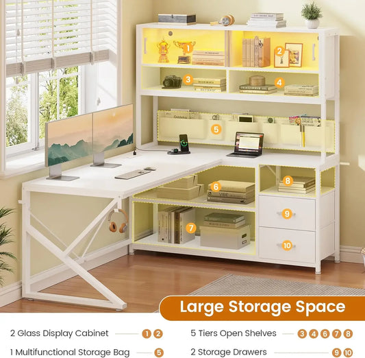 L Shaped Home Office Computer Desk with 2 Drawer and Bookshelf