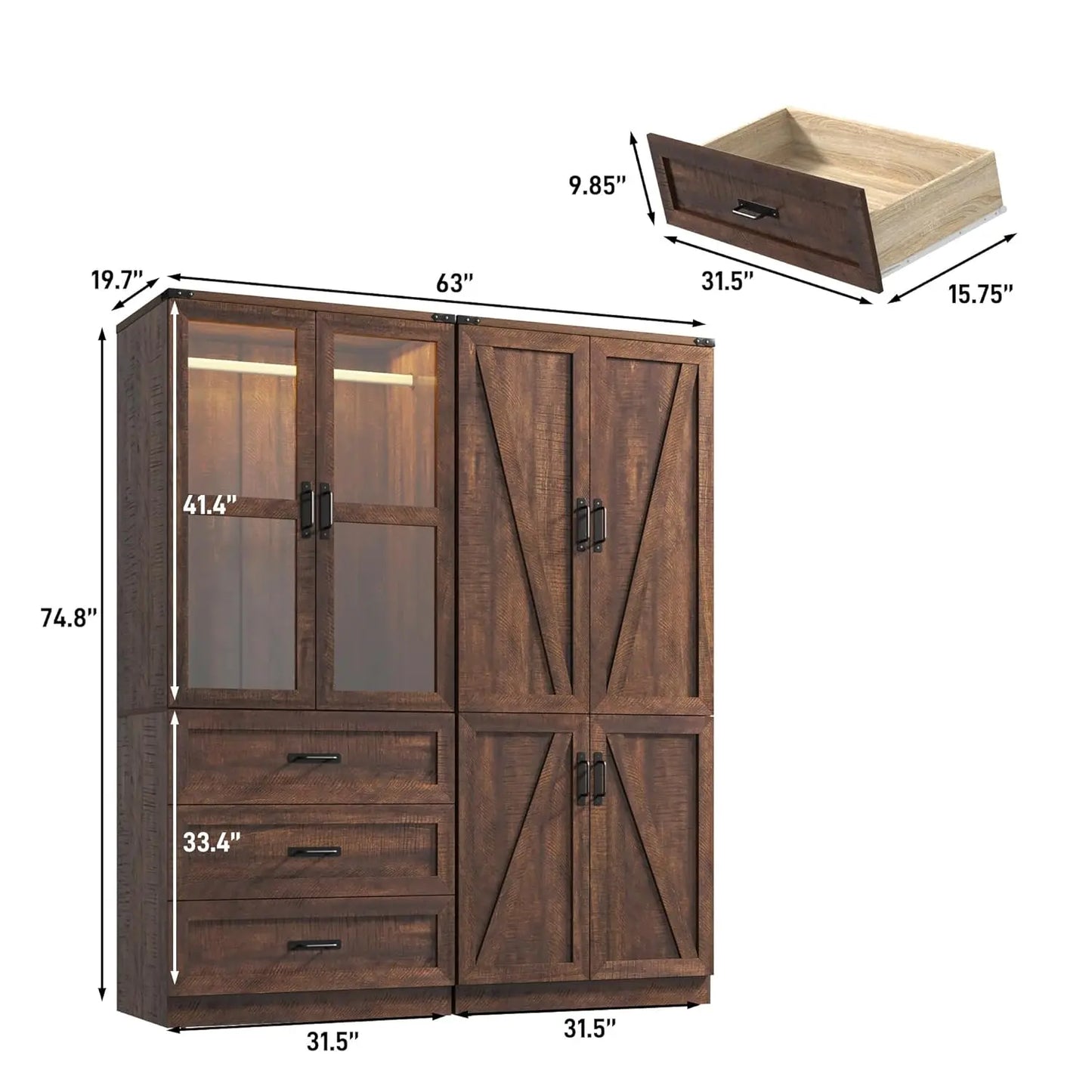 Farmhouse Armoire with LED Hanging Rod and Adjustable Shelf Storage Cabinet