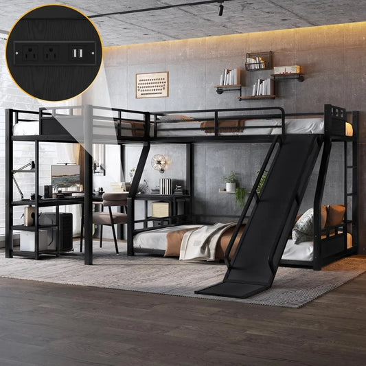 L-Shaped Triple Bunk Bed with Slide, Desk, Storage & Charging Station