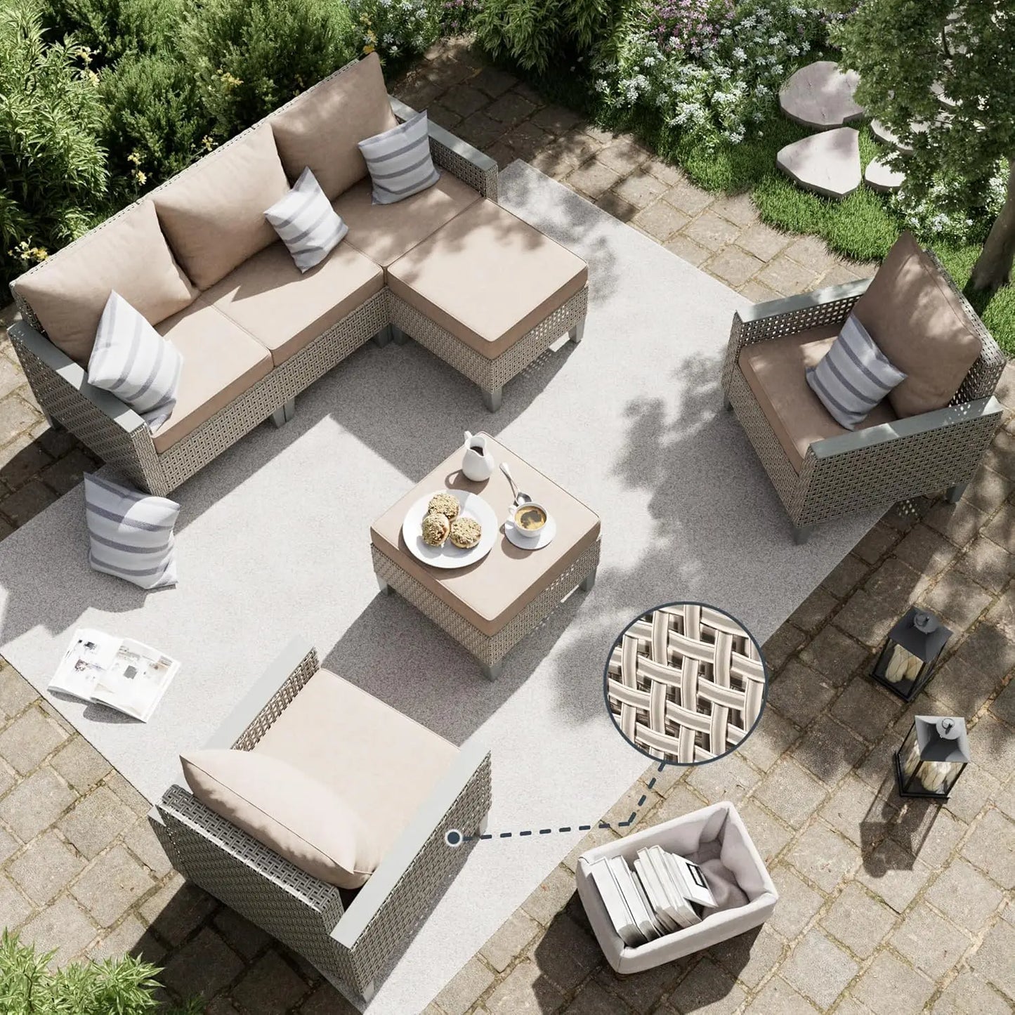 Outdoor Patio Furniture Set with Sectional Sofa, Ottomans and Thick Cushions
