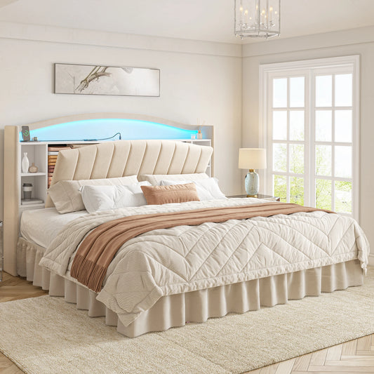 Bed Frame with Bookcase Headboard & Hidden-Cubby