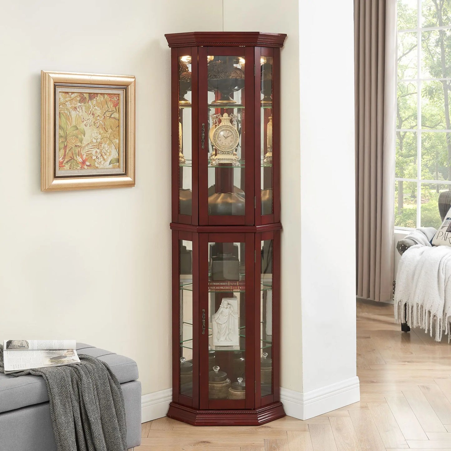 Adjustable Tempered Glass Shelves Corner Curio Cabinet with Mirrored Back E26 Light Bulb Not Included-Display & China Cabinets