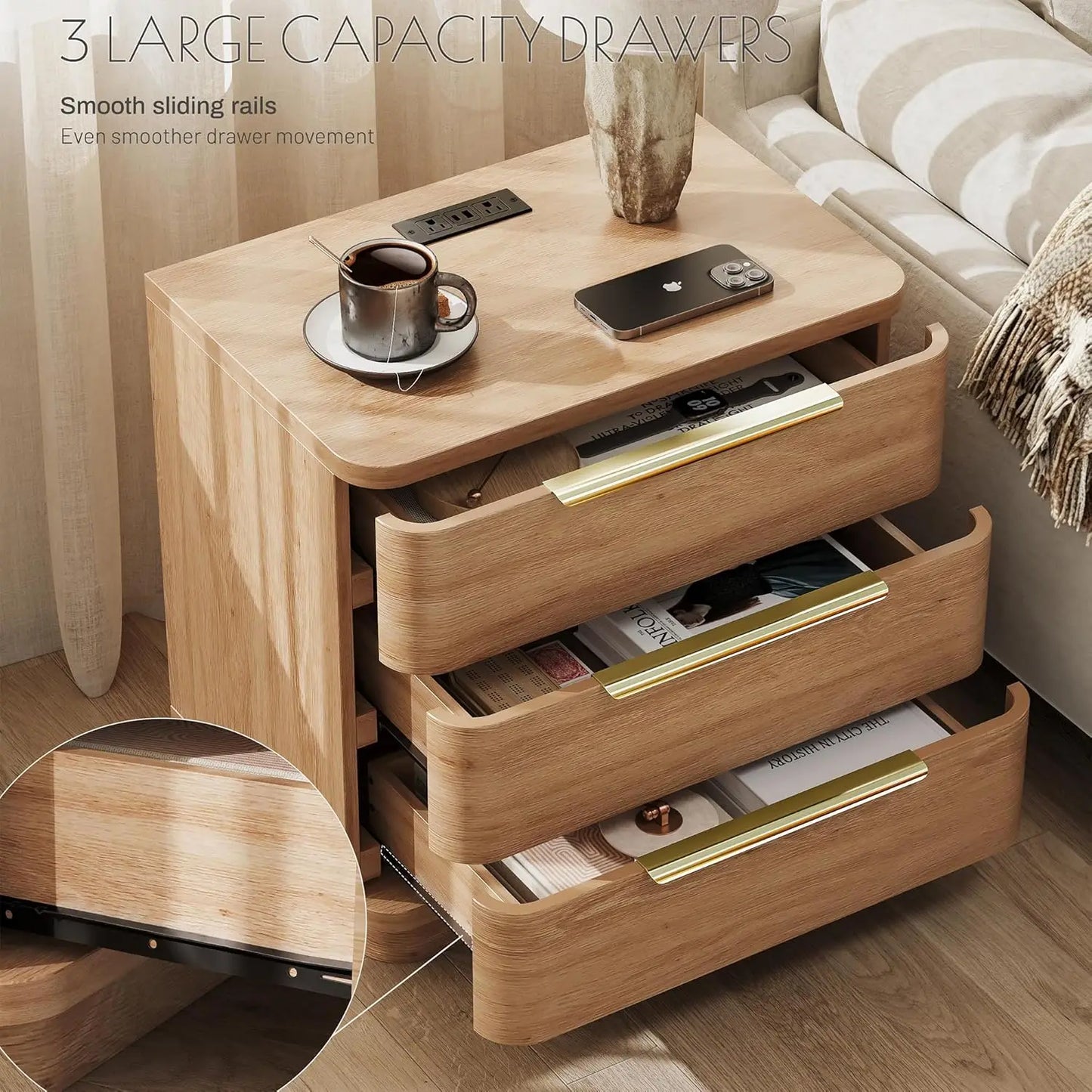 Natural Wood Nightstand with Drawers and Charging Station