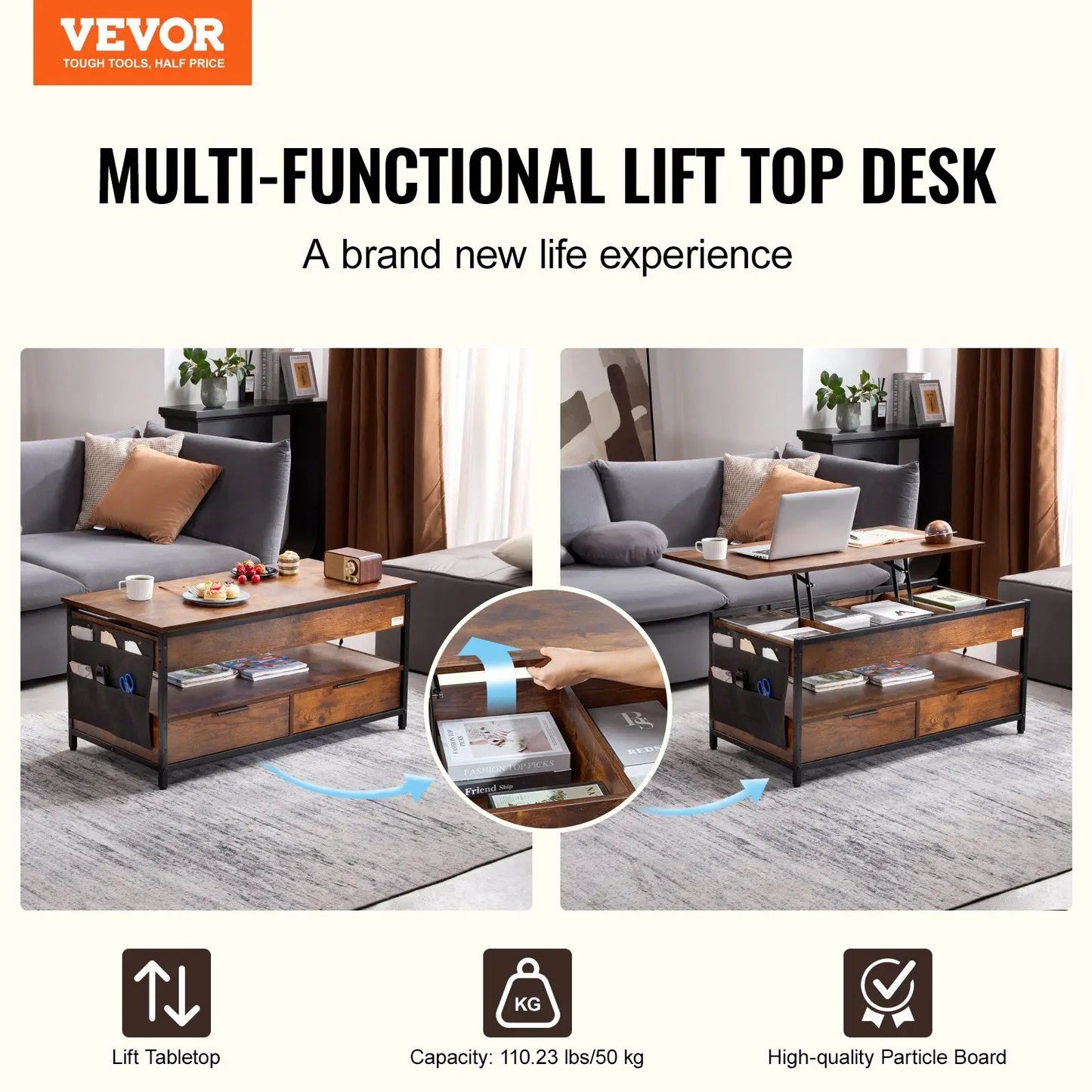 Rectangle Lift Top Coffee Table with Light & USB Port
