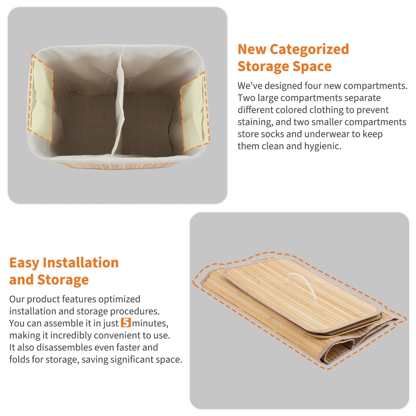 Bamboo Laundry Hamper with Foldable Storage Basket & Lid/Handles